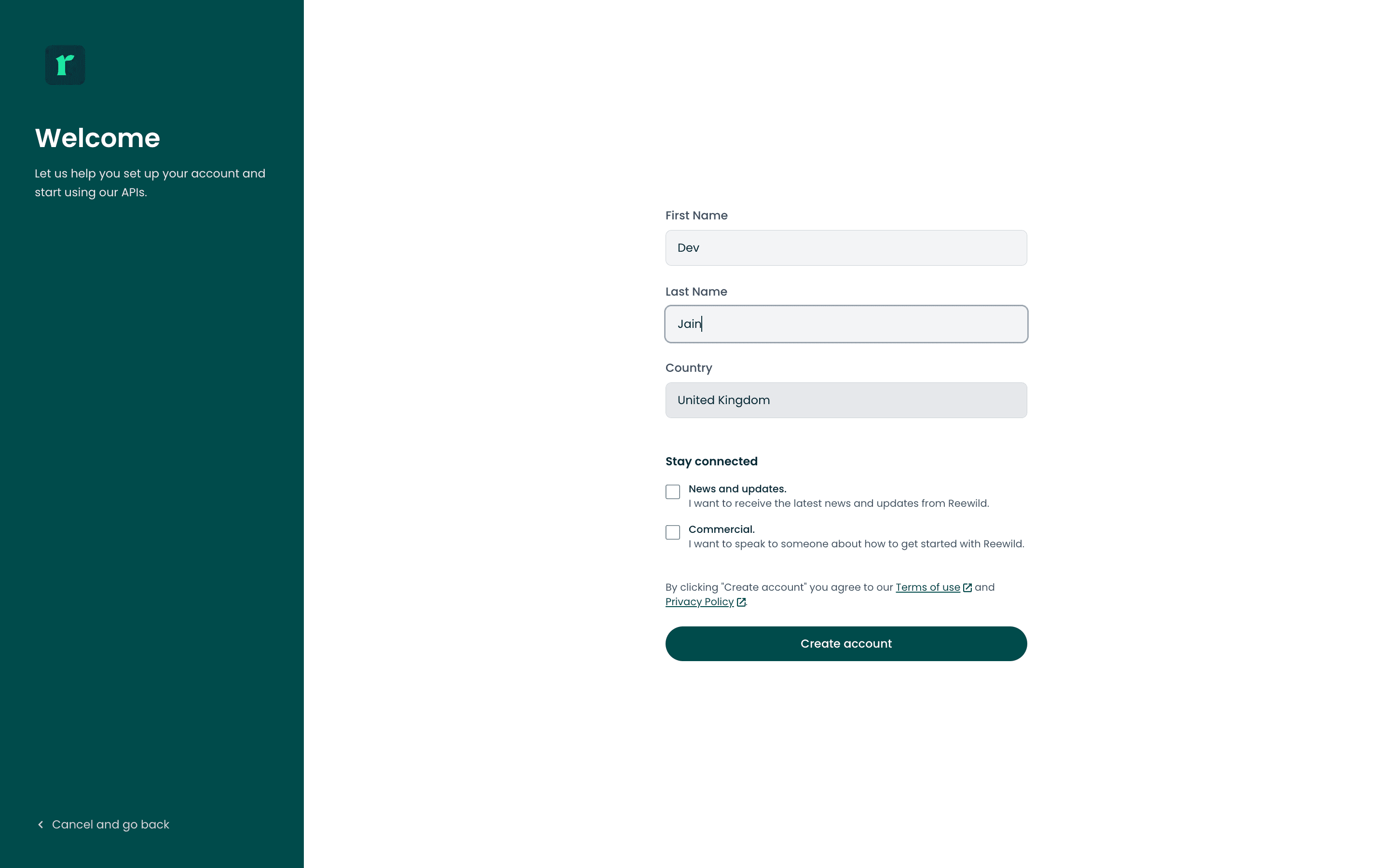Create developer account page