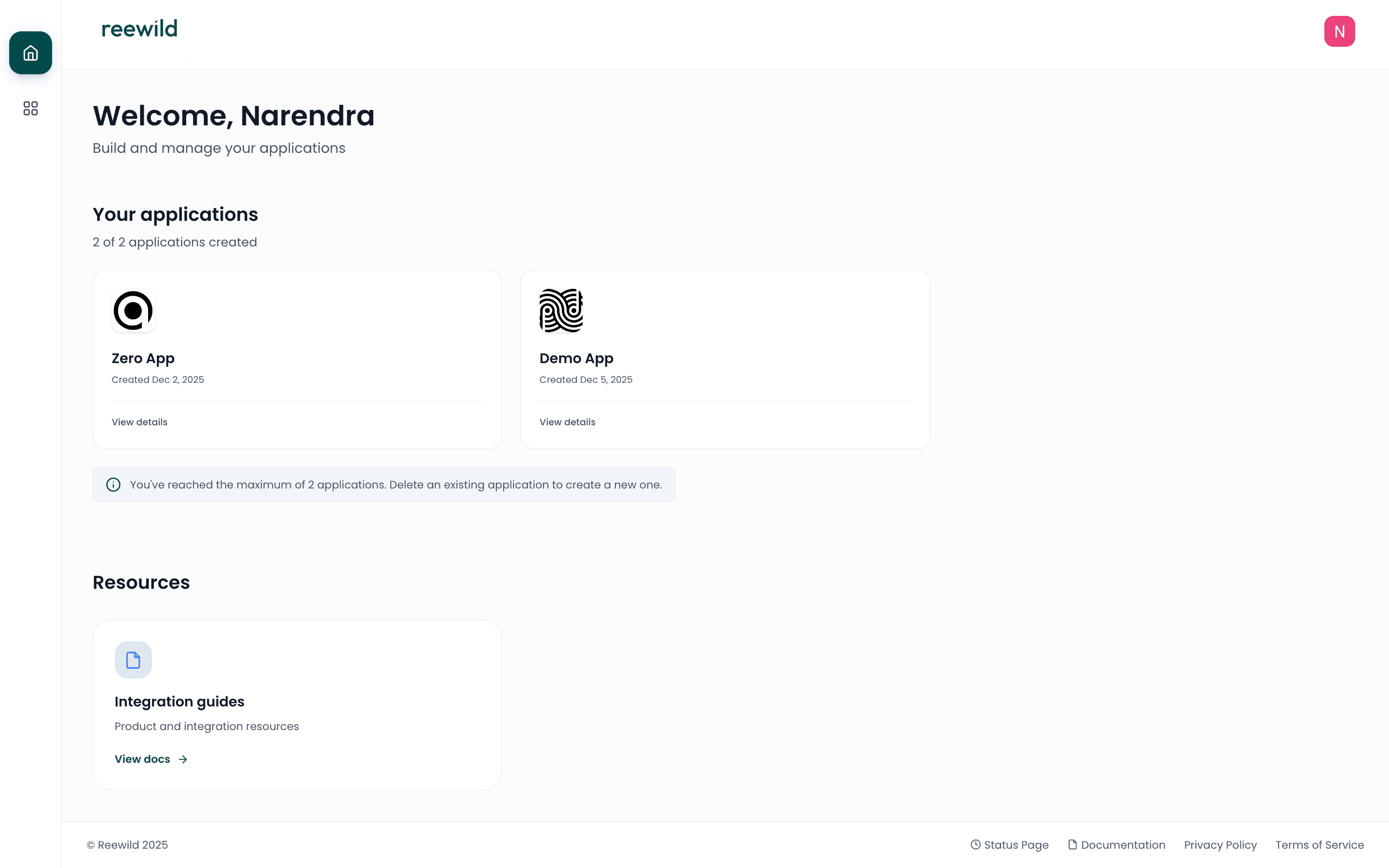 Reewild Developer Console home page